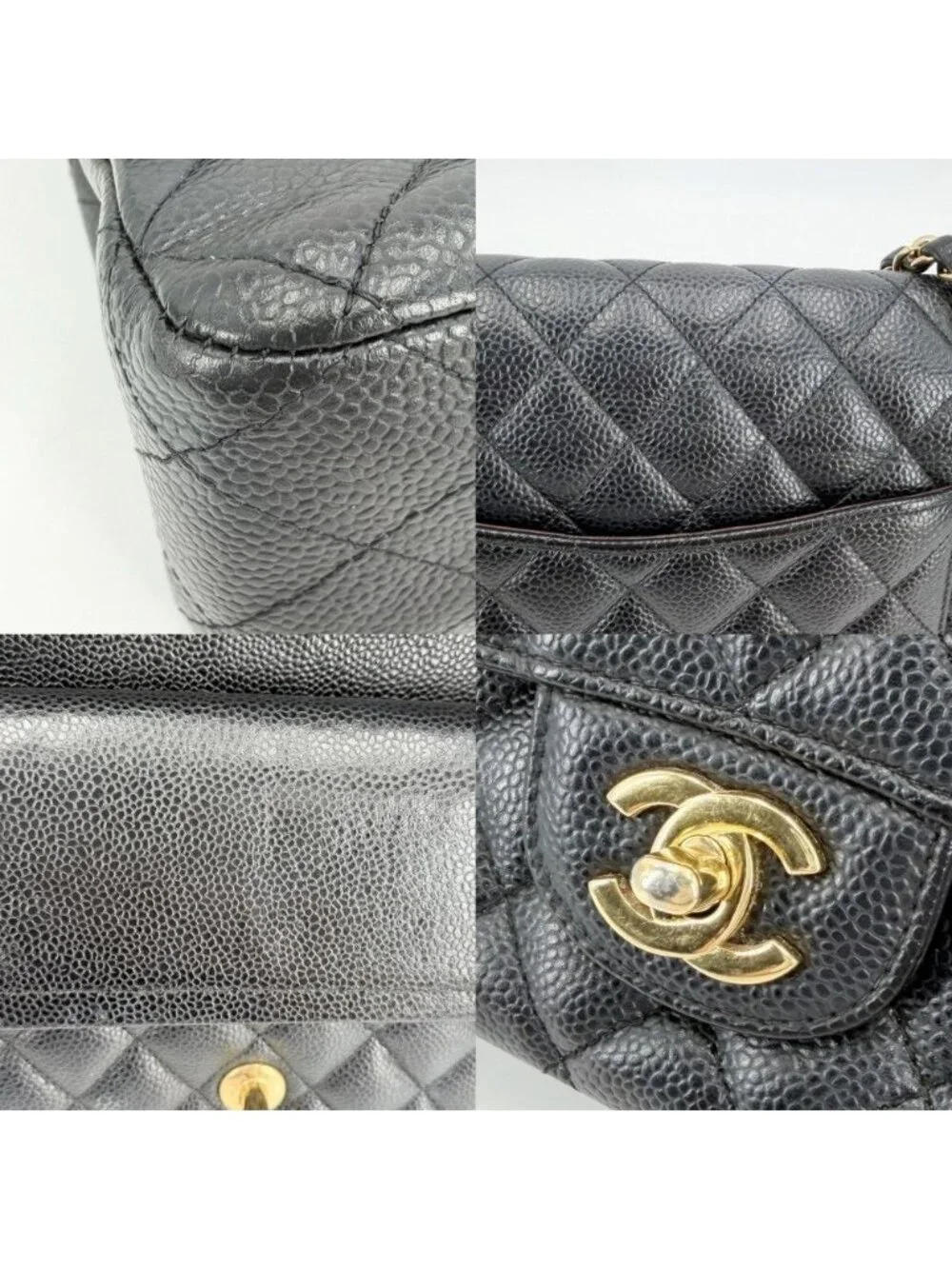 Chanel Shoulder Bag Quilted 25 Double Chain Bull Flap Caviar Leather Black Gold